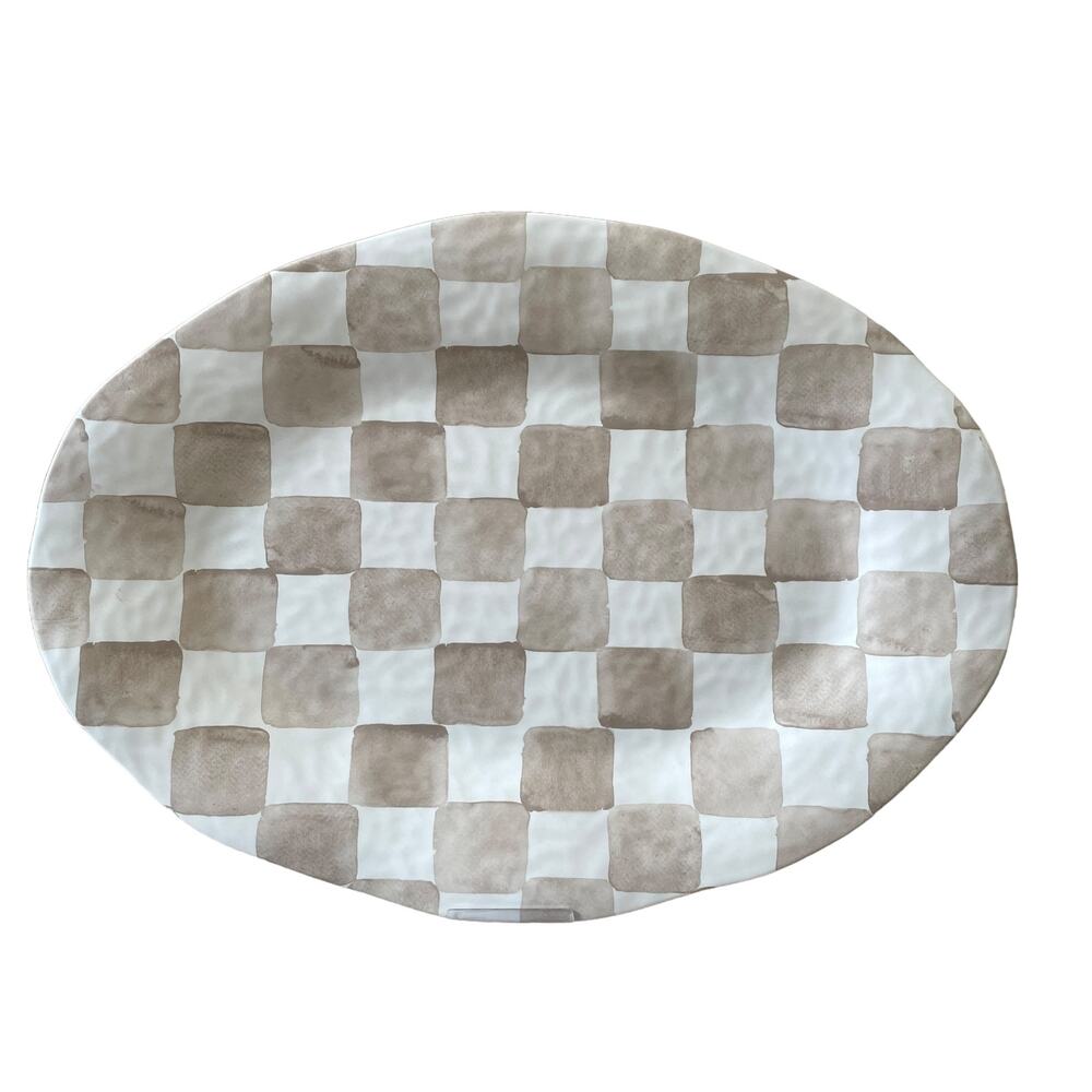 Chic Taupe & White Checkered Melamine Large Serving Platter 13X18 Oval NEW